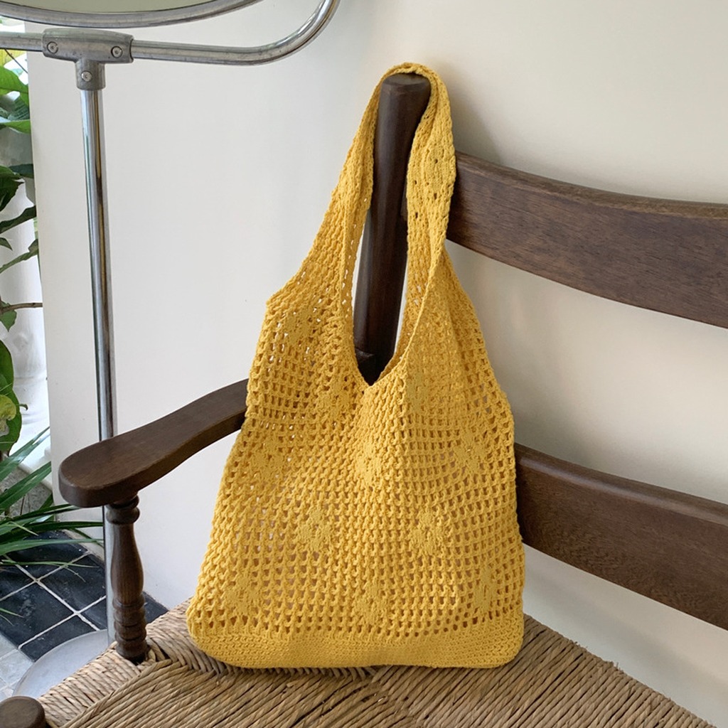かぎ針編みバッグ手作り中空ニットショルダーバッグ夏のビーチメ - Crochet Market Bag のレビューと価格