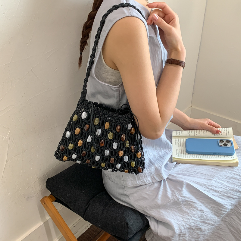 中空ビーズ付き女性用ショルダーバッグ、ロープ編みハンドバッグ - Crochet Market Bag のレビューと価格